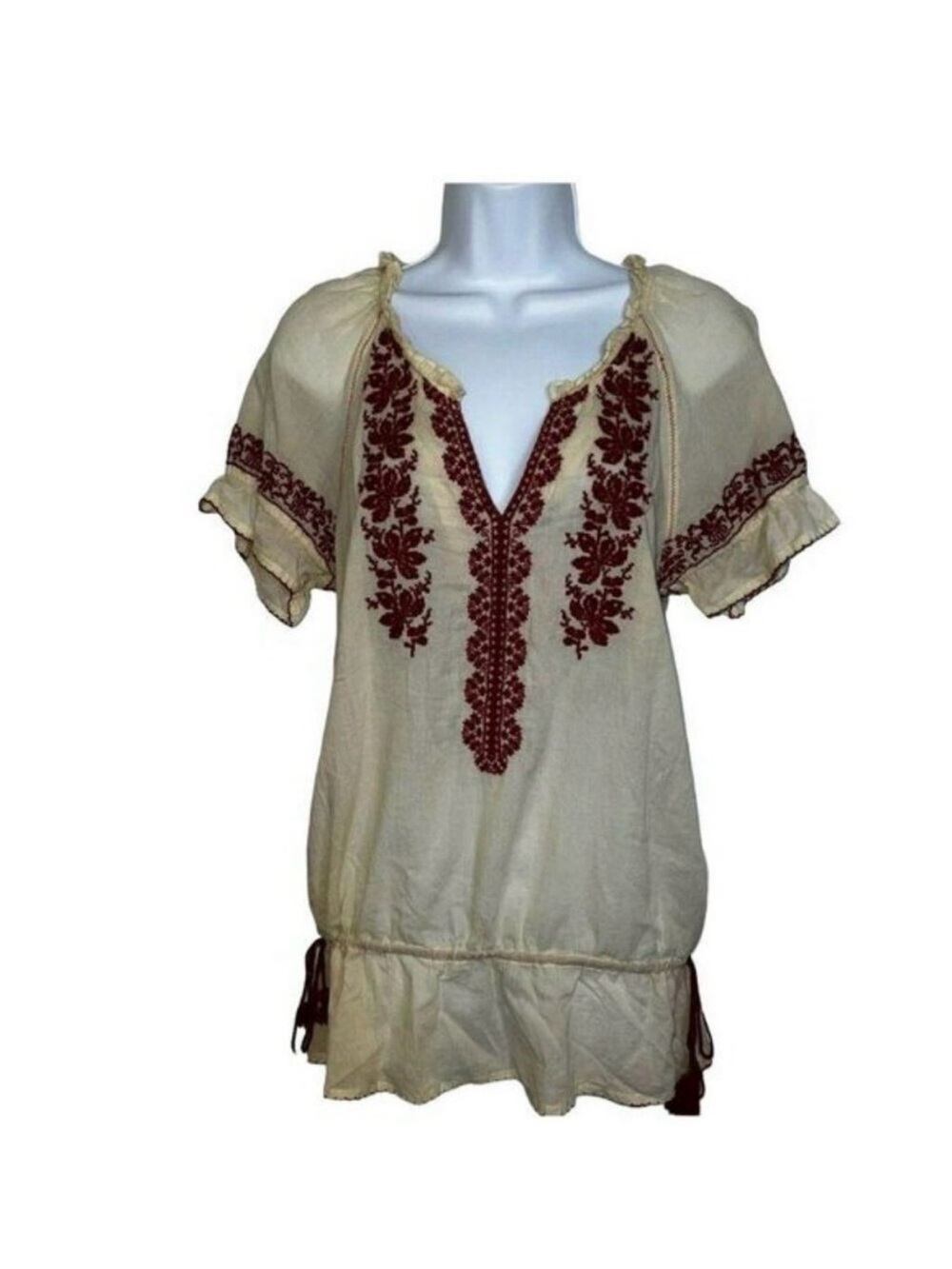 ANTHROPOLOGIE FLOREAT Climbing  Frond Gauze  Blouse Cream & Red Drawstring EUC 4